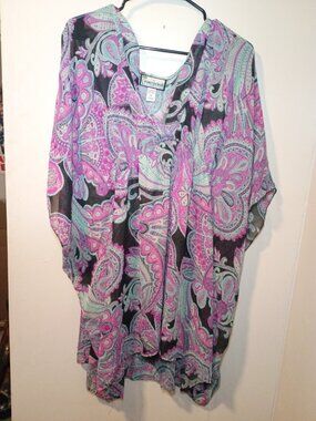 Women's XL sheer kaftan blouse Swimsuit Cover Up by PORTOCRUZ Paisley Summer